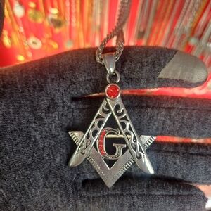 Silver Masonic Pendant with Red Gem